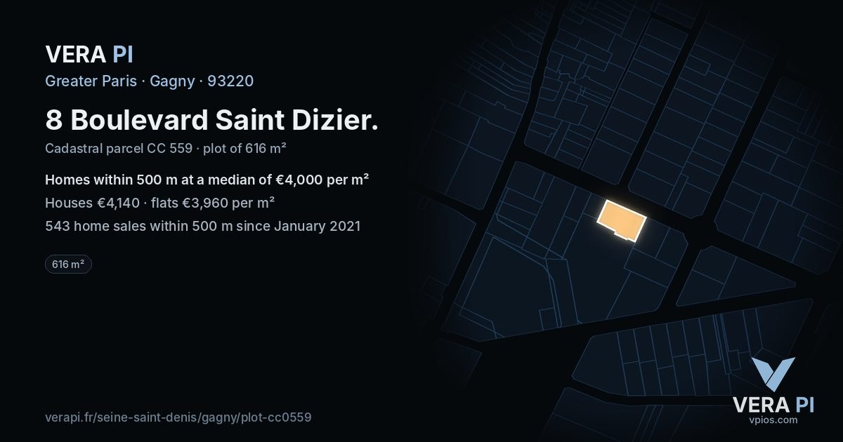 8 Boulevard Saint Dizier, Gagny at night – the plot lit, the parcels around coloured by the prices near them