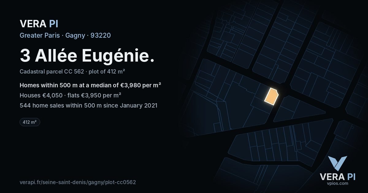 3 Allée Eugénie, Gagny at night – the plot lit, the parcels around coloured by the prices near them