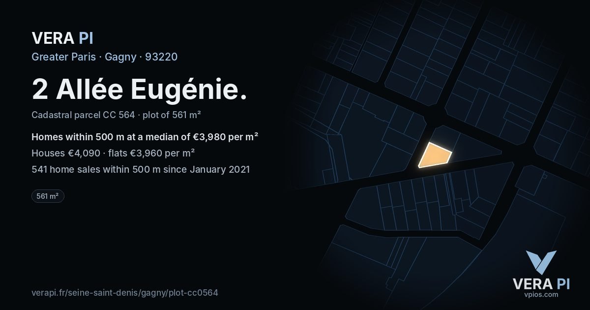 2 Allée Eugénie, Gagny at night – the plot lit, the parcels around coloured by the prices near them