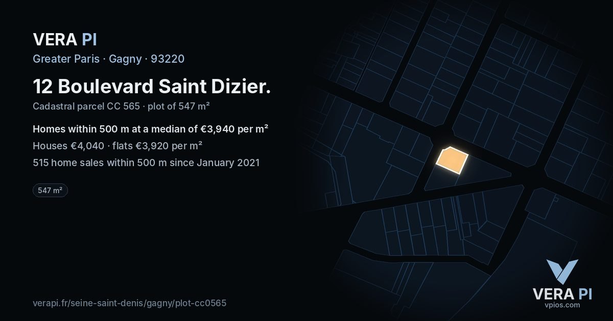 12 Boulevard Saint Dizier, Gagny at night – the plot lit, the parcels around coloured by the prices near them