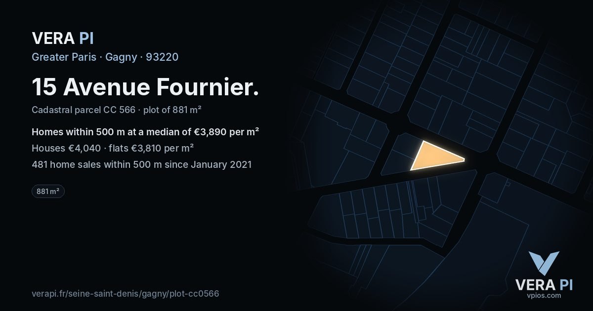 15 Avenue Fournier, Gagny at night – the plot lit, the parcels around coloured by the prices near them