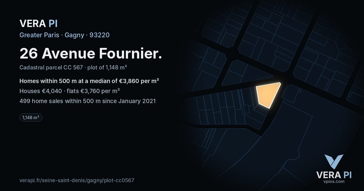 26 Avenue Fournier, Gagny at night – the plot lit, the parcels around coloured by the prices near them