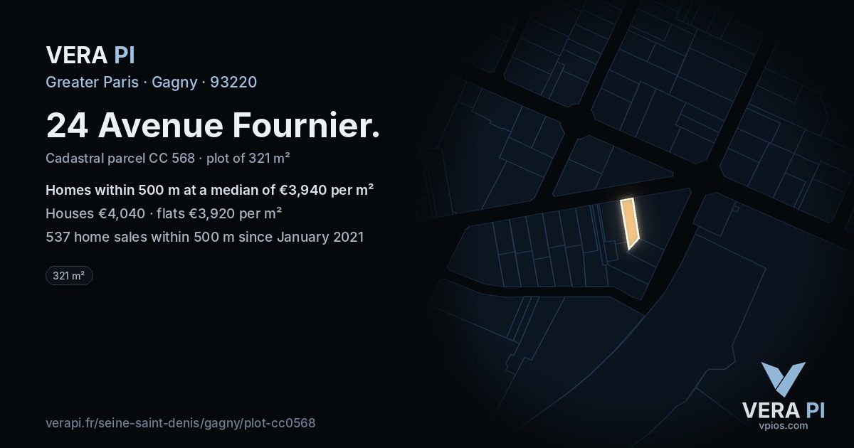 24 Avenue Fournier, Gagny at night – the plot lit, the parcels around coloured by the prices near them