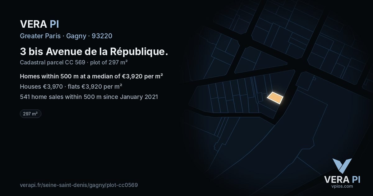 3 bis Avenue de la République, Gagny at night – the plot lit, the parcels around coloured by the prices near them