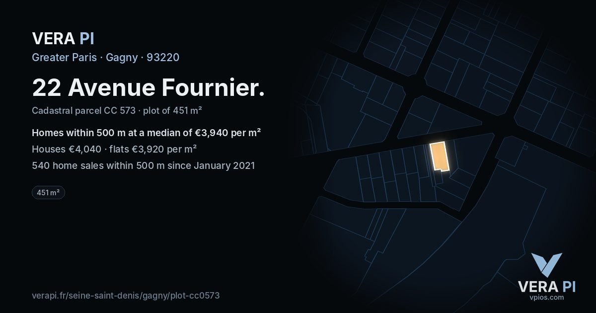 22 Avenue Fournier, Gagny at night – the plot lit, the parcels around coloured by the prices near them