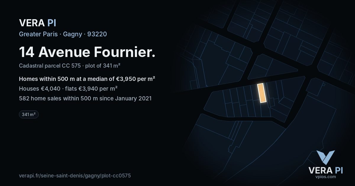 14 Avenue Fournier, Gagny at night – the plot lit, the parcels around coloured by the prices near them