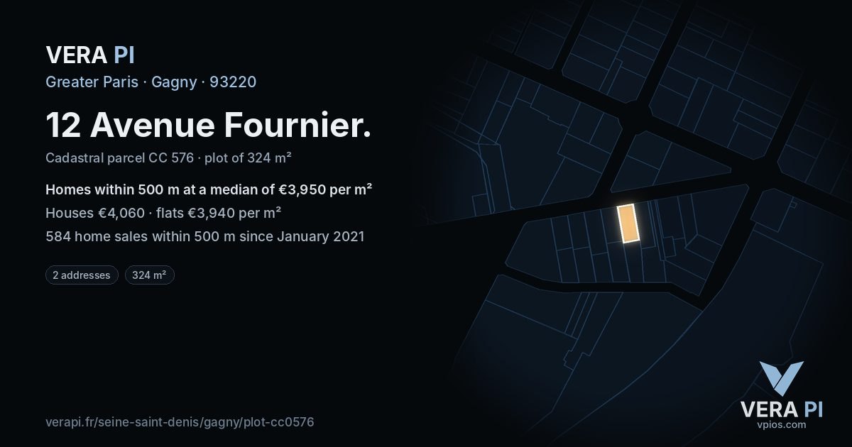 12 Avenue Fournier, Gagny at night – the plot lit, the parcels around coloured by the prices near them