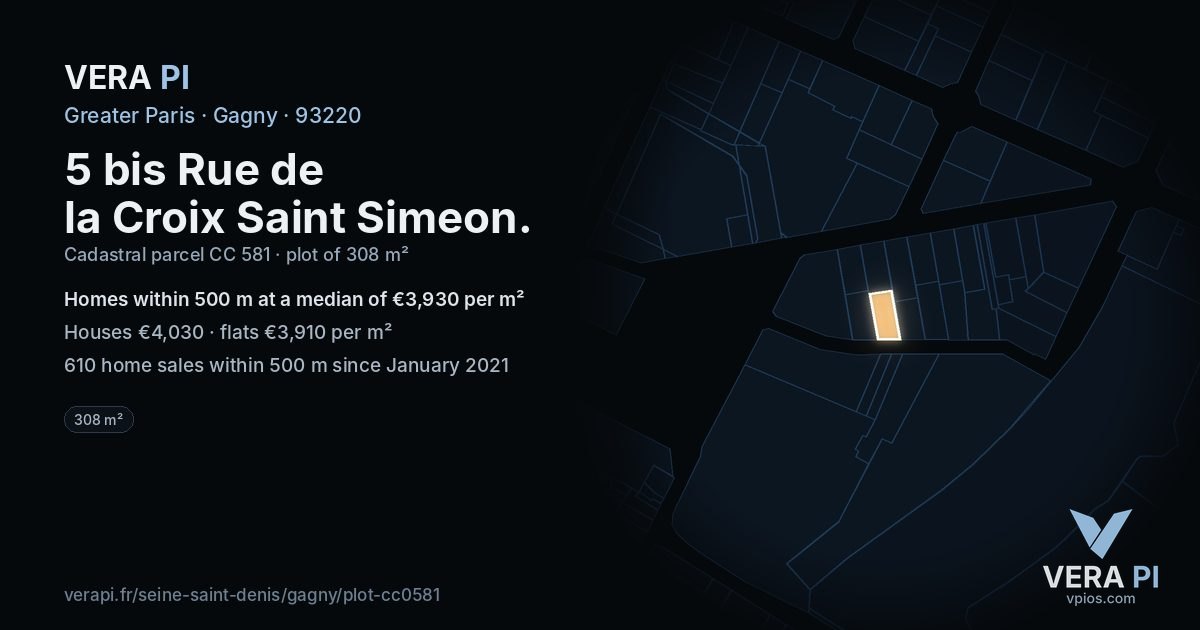 5 bis Rue de la Croix Saint Simeon, Gagny at night – the plot lit, the parcels around coloured by the prices near them