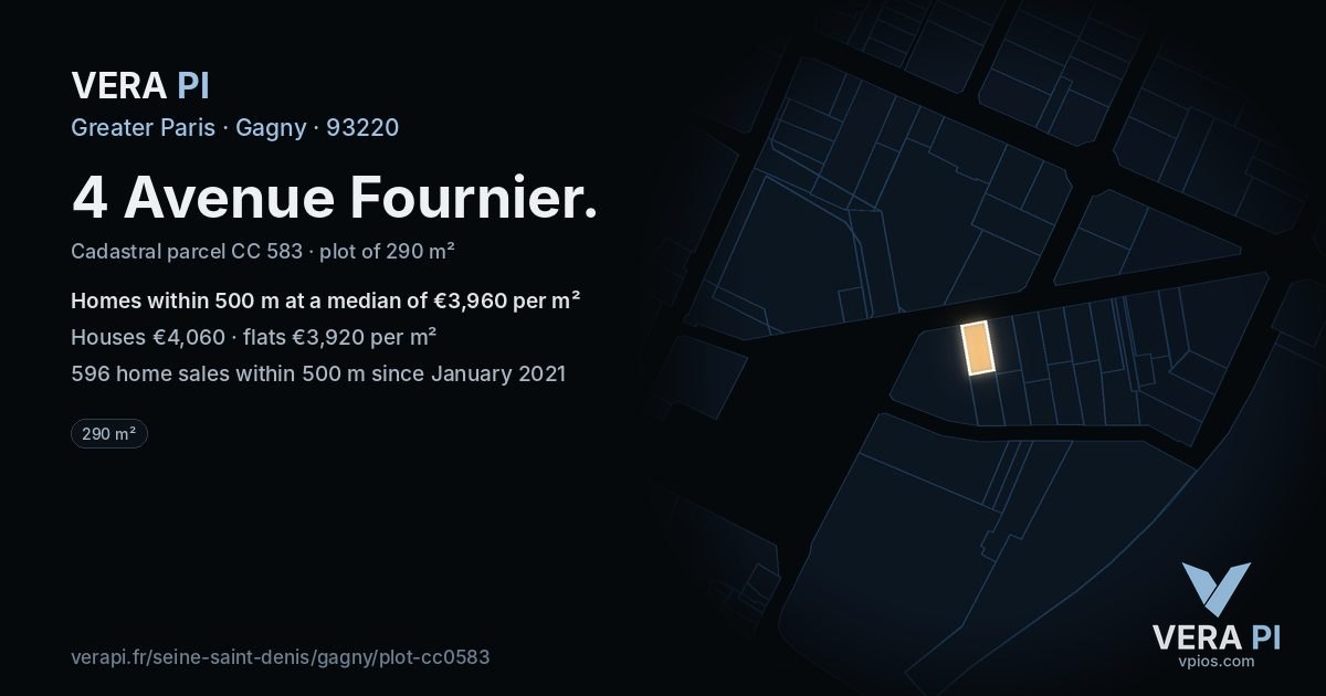 4 Avenue Fournier, Gagny at night – the plot lit, the parcels around coloured by the prices near them