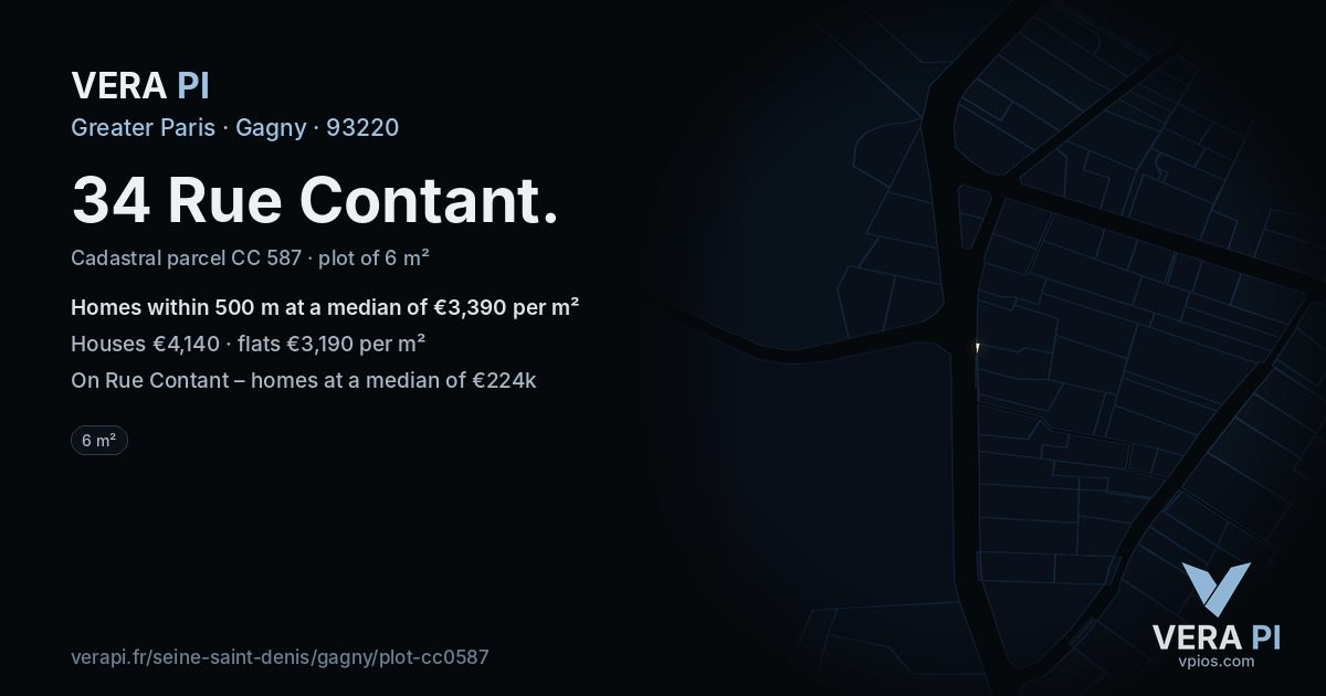 34 Rue Contant, Gagny at night – the plot lit, the parcels around coloured by the prices near them