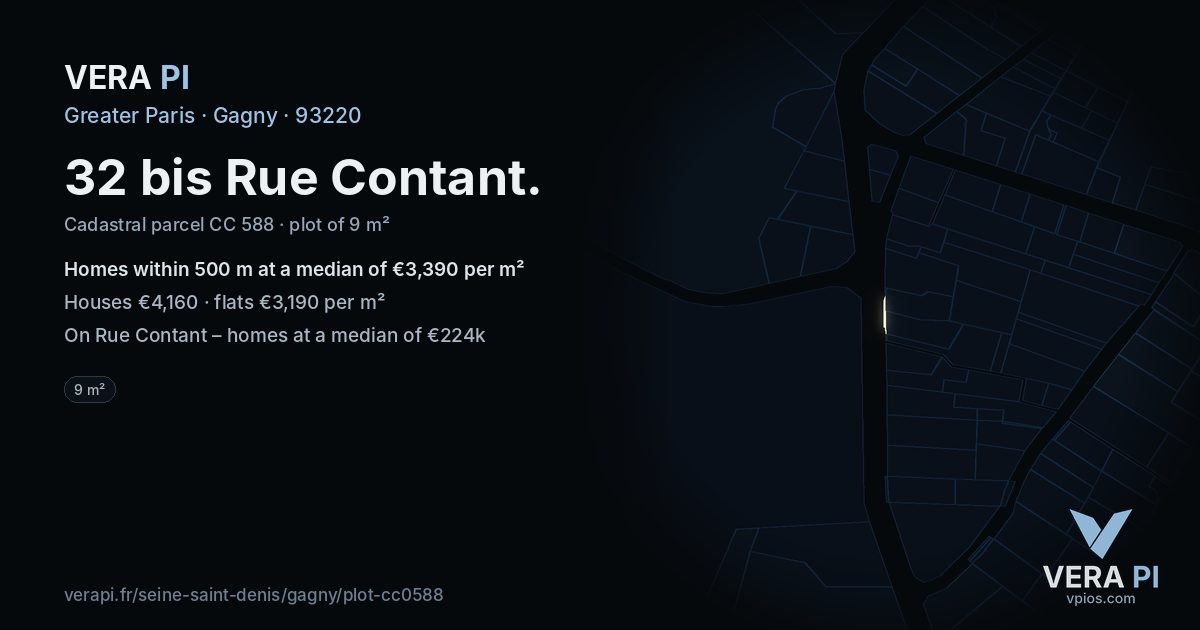 32 bis Rue Contant, Gagny at night – the plot lit, the parcels around coloured by the prices near them