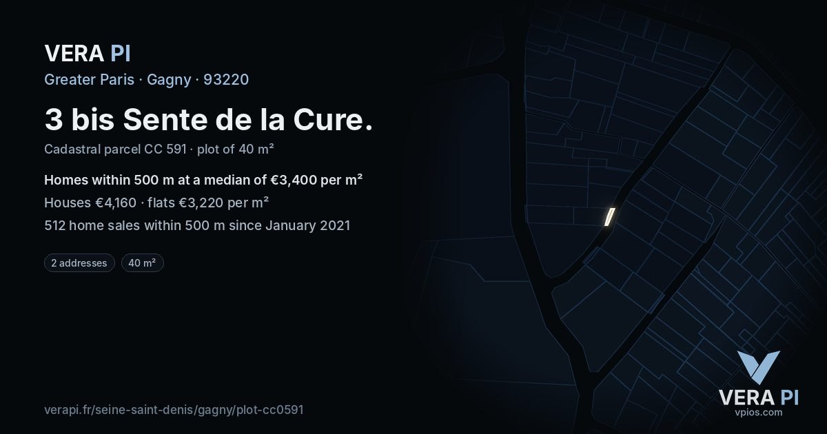 3 bis Sente de la Cure, Gagny at night – the plot lit, the parcels around coloured by the prices near them