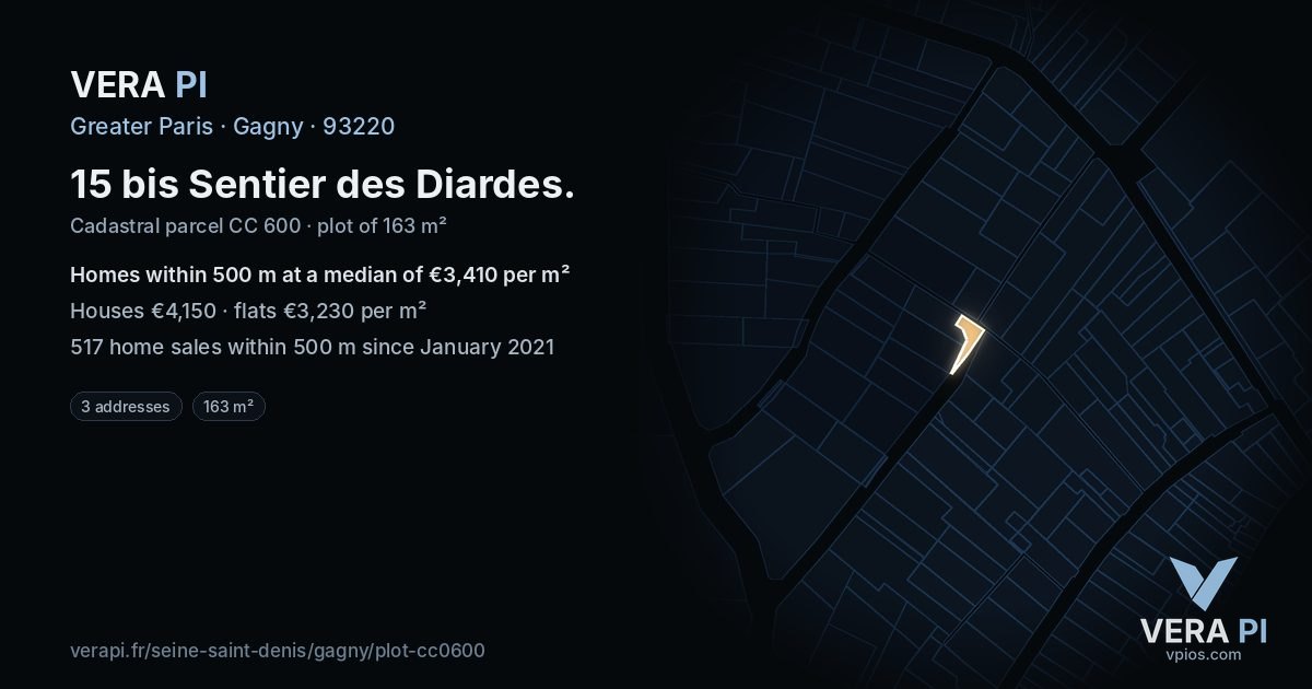15 bis Sentier des Diardes, Gagny at night – the plot lit, the parcels around coloured by the prices near them