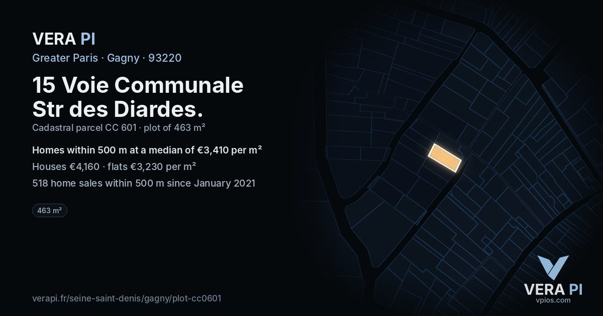 15 Voie Communale Str des Diardes, Gagny at night – the plot lit, the parcels around coloured by the prices near them