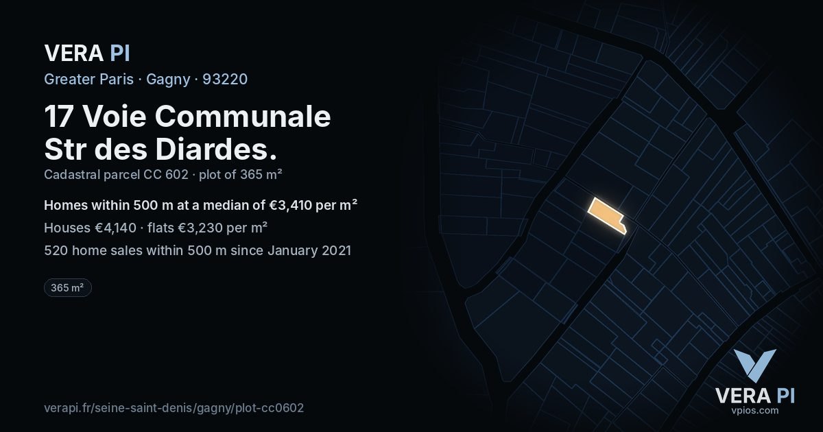 17 Voie Communale Str des Diardes, Gagny at night – the plot lit, the parcels around coloured by the prices near them