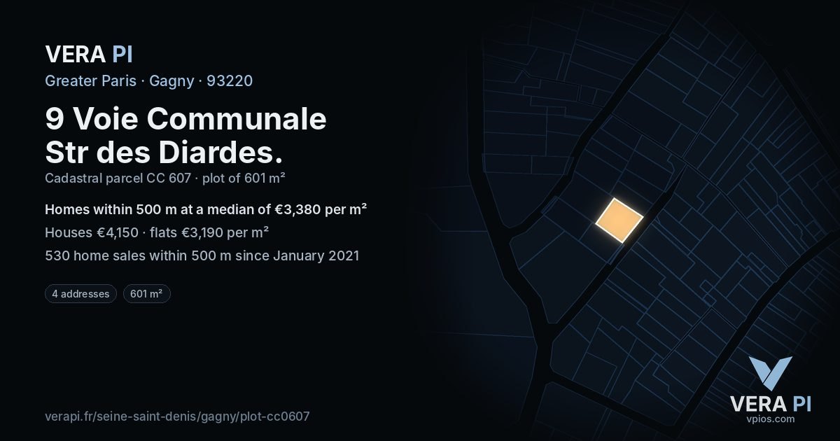 9 Voie Communale Str des Diardes, Gagny at night – the plot lit, the parcels around coloured by the prices near them