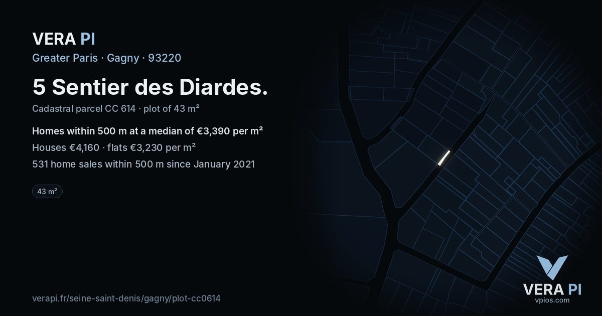 5 Sentier des Diardes, Gagny at night – the plot lit, the parcels around coloured by the prices near them