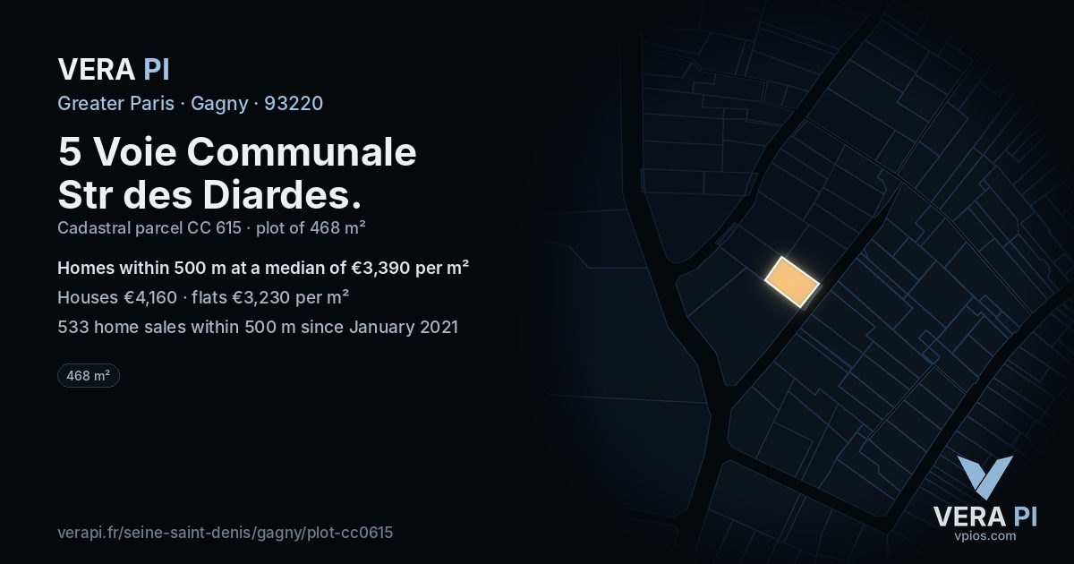 5 Voie Communale Str des Diardes, Gagny at night – the plot lit, the parcels around coloured by the prices near them