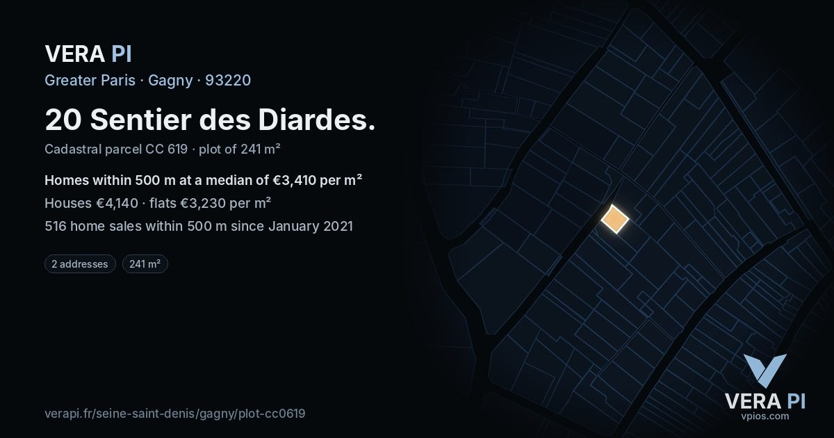 20 Sentier des Diardes, Gagny at night – the plot lit, the parcels around coloured by the prices near them