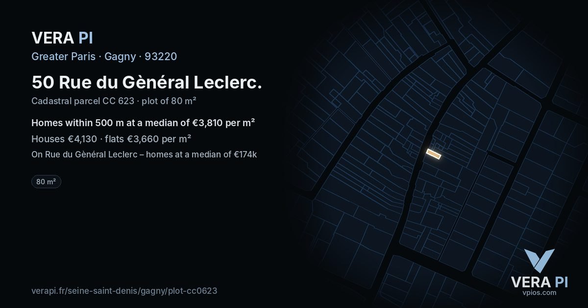 50 Rue du Gènéral Leclerc, Gagny at night – the plot lit, the parcels around coloured by the prices near them