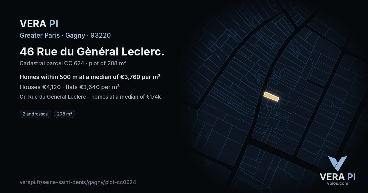 46 Rue du Gènéral Leclerc, Gagny at night – the plot lit, the parcels around coloured by the prices near them