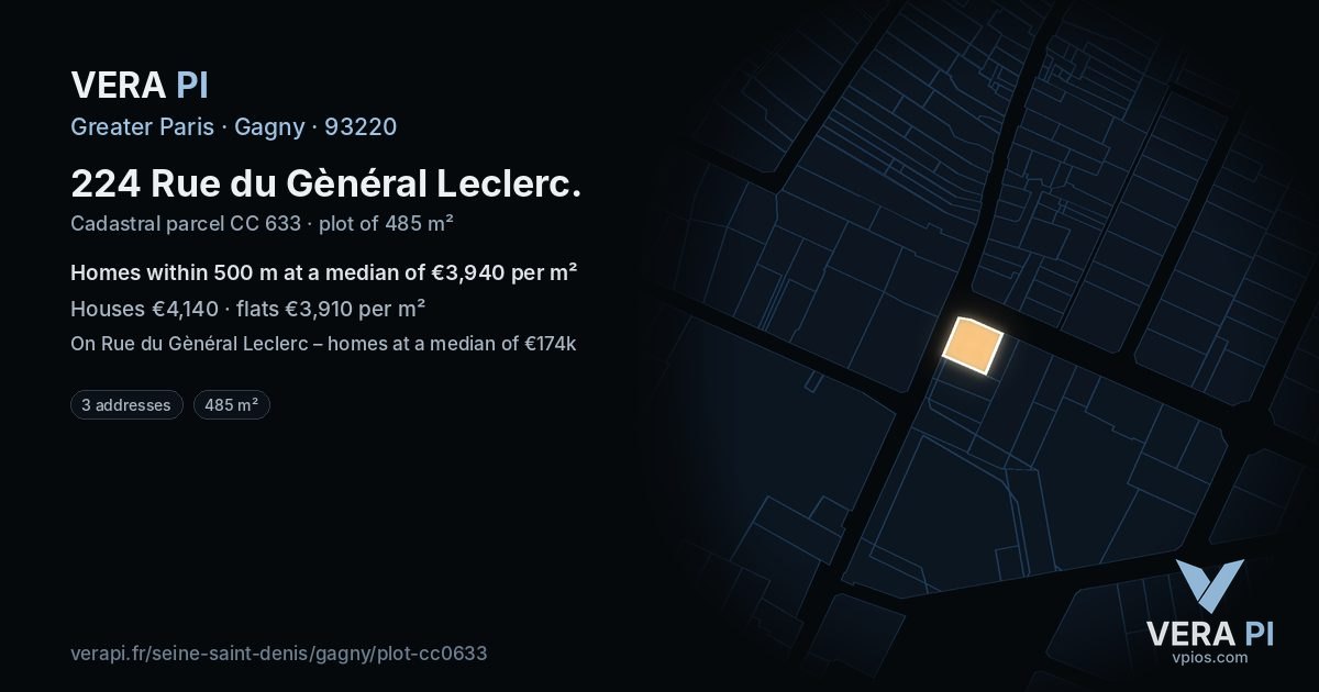 224 Rue du Gènéral Leclerc, Gagny at night – the plot lit, the parcels around coloured by the prices near them