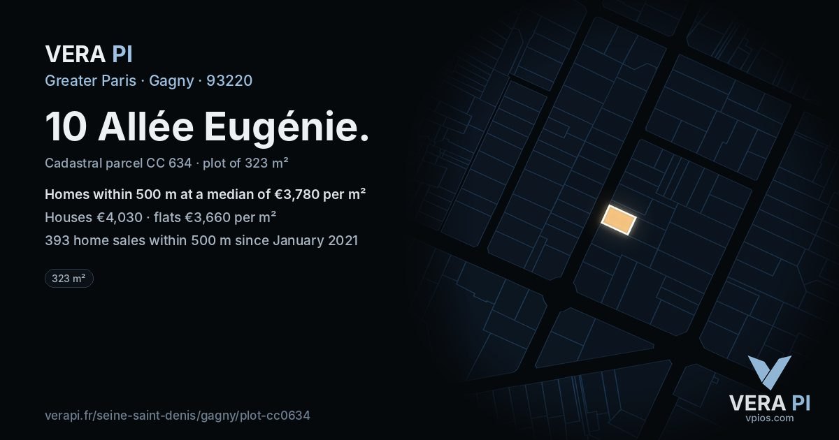10 Allée Eugénie, Gagny at night – the plot lit, the parcels around coloured by the prices near them