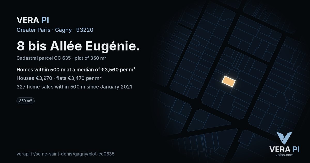 8 bis Allée Eugénie, Gagny at night – the plot lit, the parcels around coloured by the prices near them