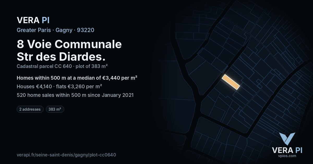 8 Voie Communale Str des Diardes, Gagny at night – the plot lit, the parcels around coloured by the prices near them