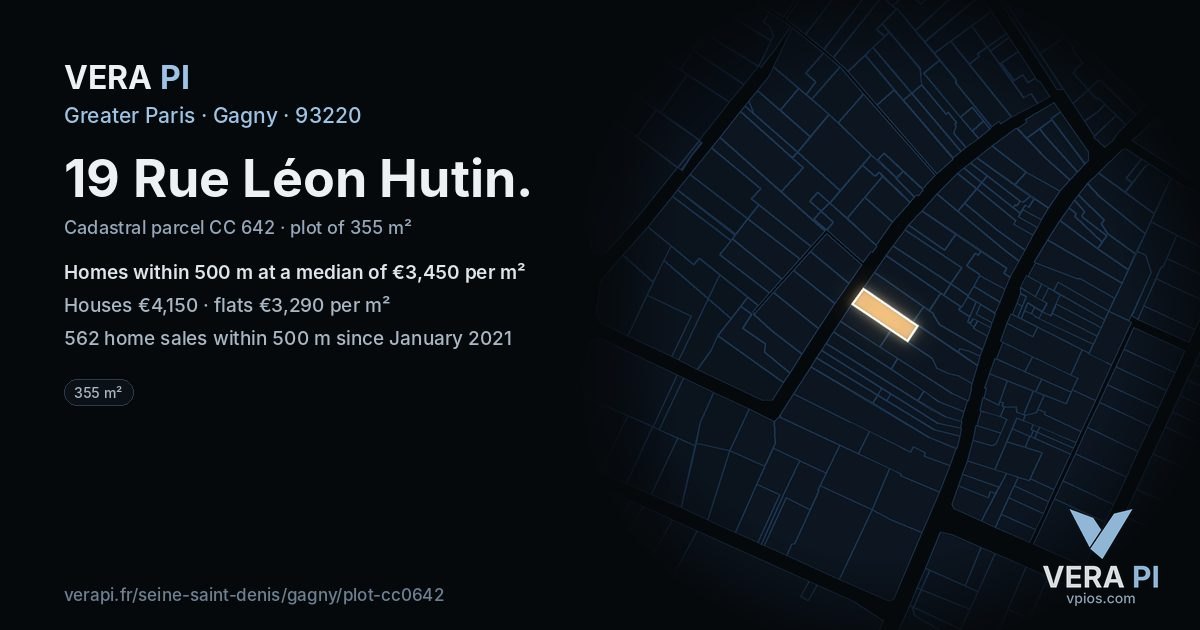 19 Rue Léon Hutin, Gagny at night – the plot lit, the parcels around coloured by the prices near them