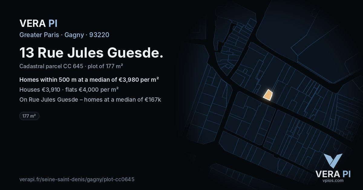 13 Rue Jules Guesde, Gagny at night – the plot lit, the parcels around coloured by the prices near them