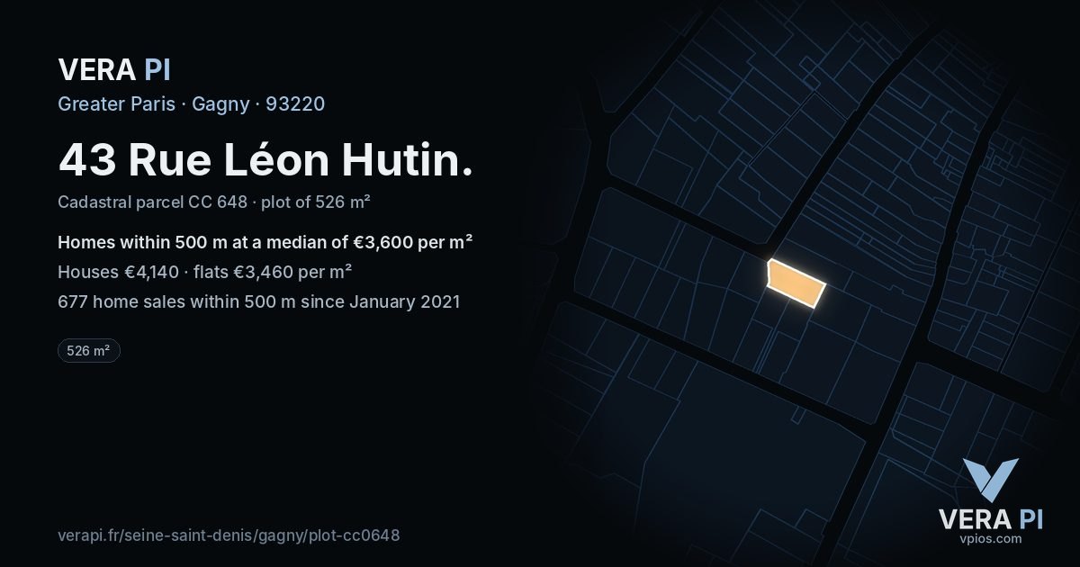 43 Rue Léon Hutin, Gagny at night – the plot lit, the parcels around coloured by the prices near them