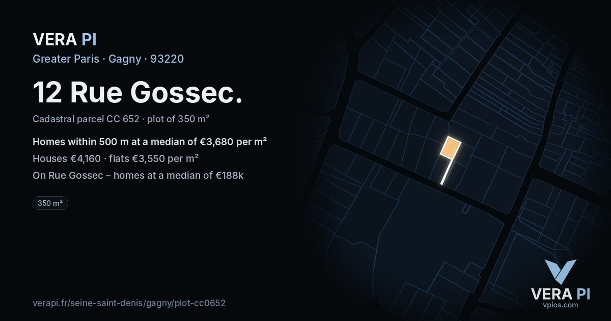 12 Rue Gossec, Gagny at night – the plot lit, the parcels around coloured by the prices near them