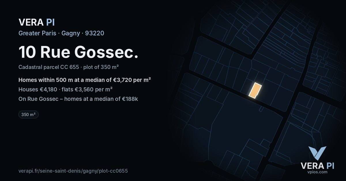 10 Rue Gossec, Gagny at night – the plot lit, the parcels around coloured by the prices near them