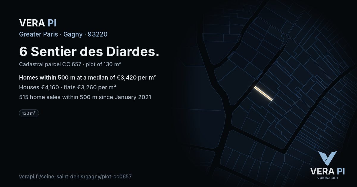 6 Sentier des Diardes, Gagny at night – the plot lit, the parcels around coloured by the prices near them