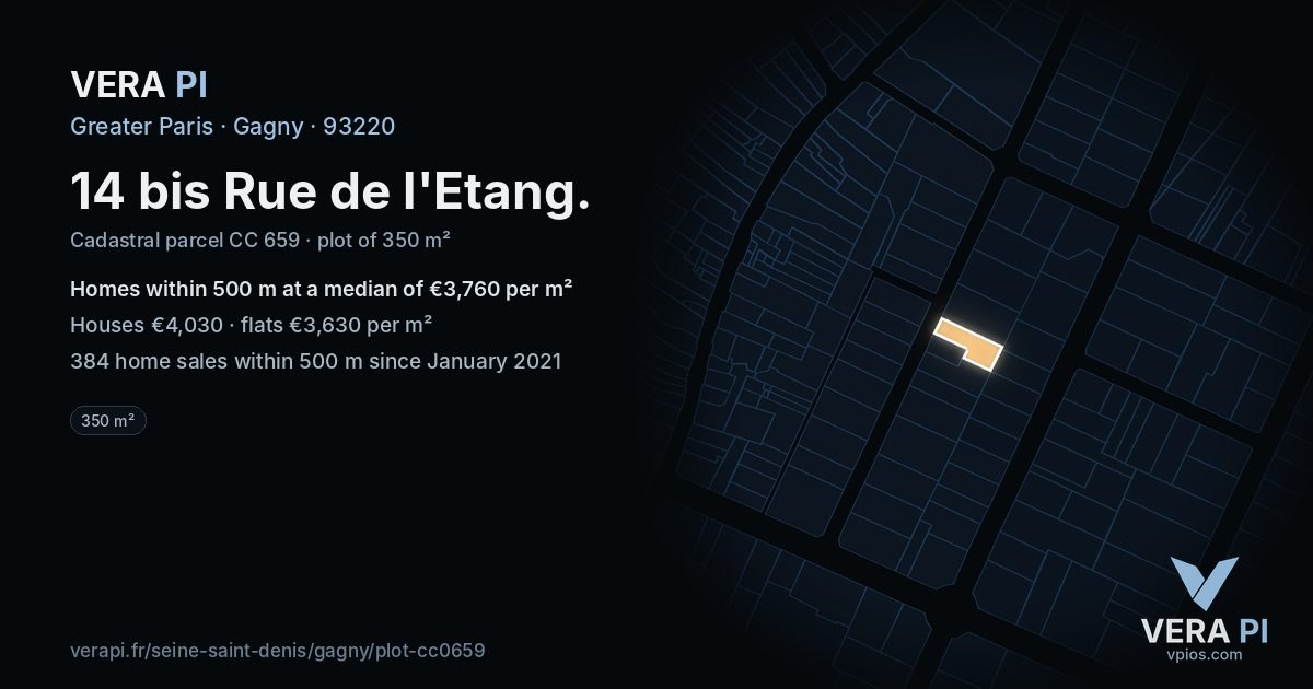14 bis Rue de l'Etang, Gagny at night – the plot lit, the parcels around coloured by the prices near them