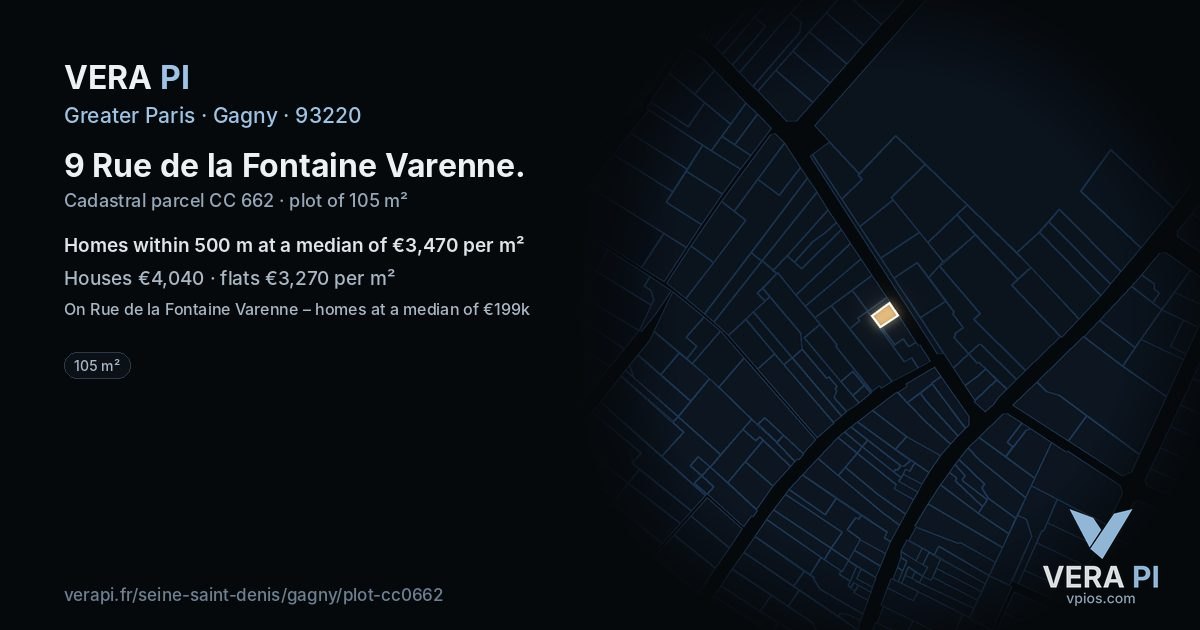 9 Rue de la Fontaine Varenne, Gagny at night – the plot lit, the parcels around coloured by the prices near them