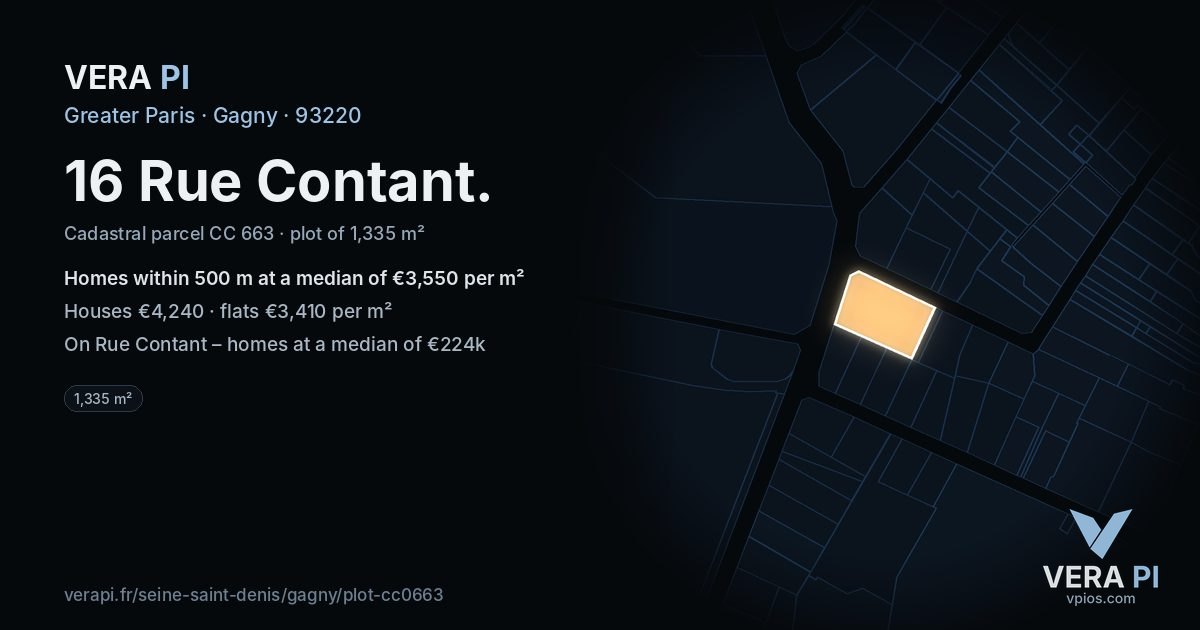 16 Rue Contant, Gagny at night – the plot lit, the parcels around coloured by the prices near them