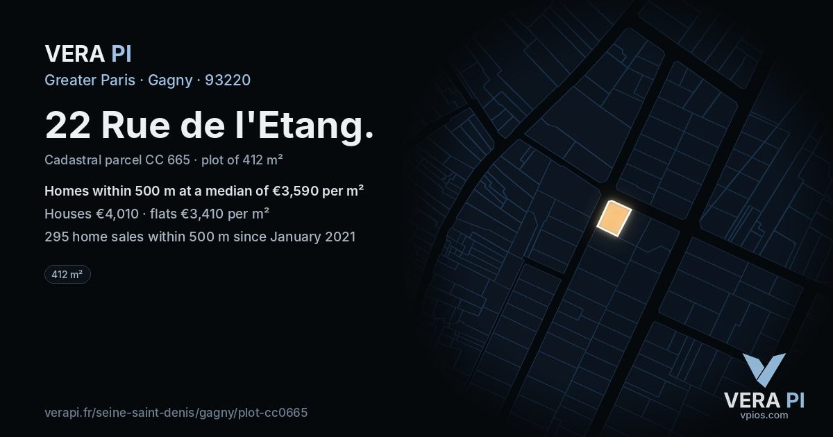 22 Rue de l'Etang, Gagny at night – the plot lit, the parcels around coloured by the prices near them