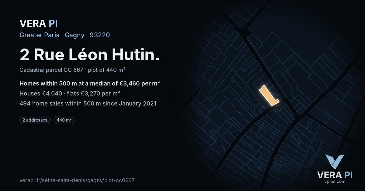 2 Rue Léon Hutin, Gagny at night – the plot lit, the parcels around coloured by the prices near them