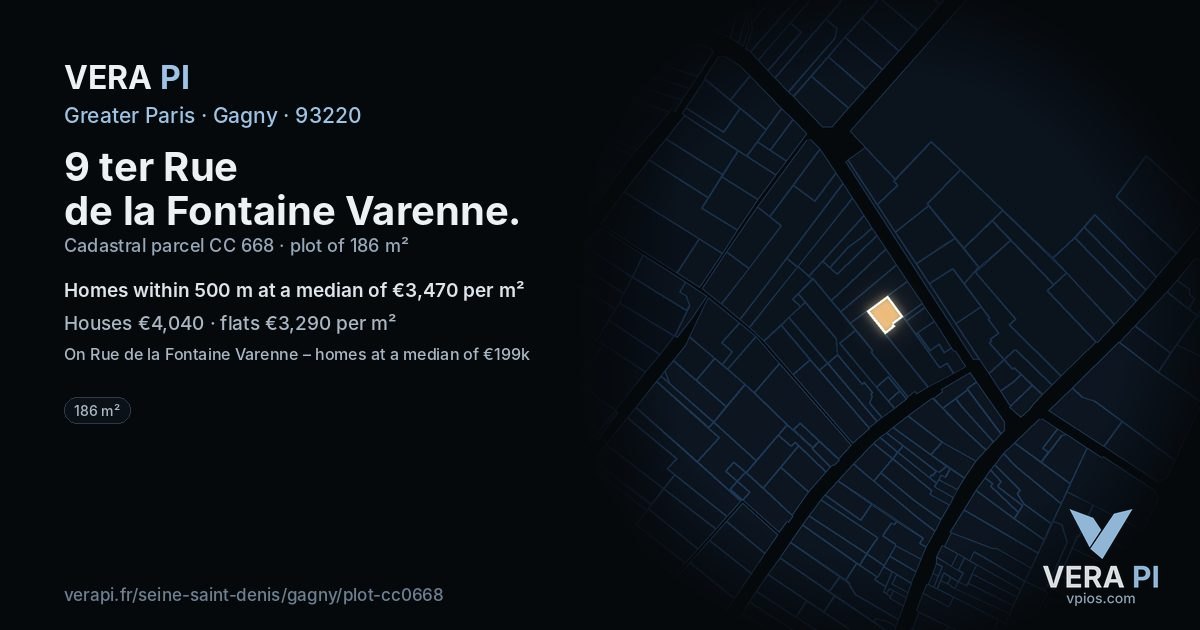 9 ter Rue de la Fontaine Varenne, Gagny at night – the plot lit, the parcels around coloured by the prices near them