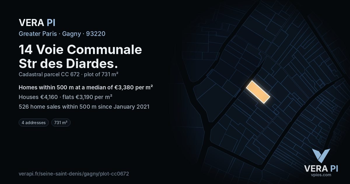 14 Voie Communale Str des Diardes, Gagny at night – the plot lit, the parcels around coloured by the prices near them