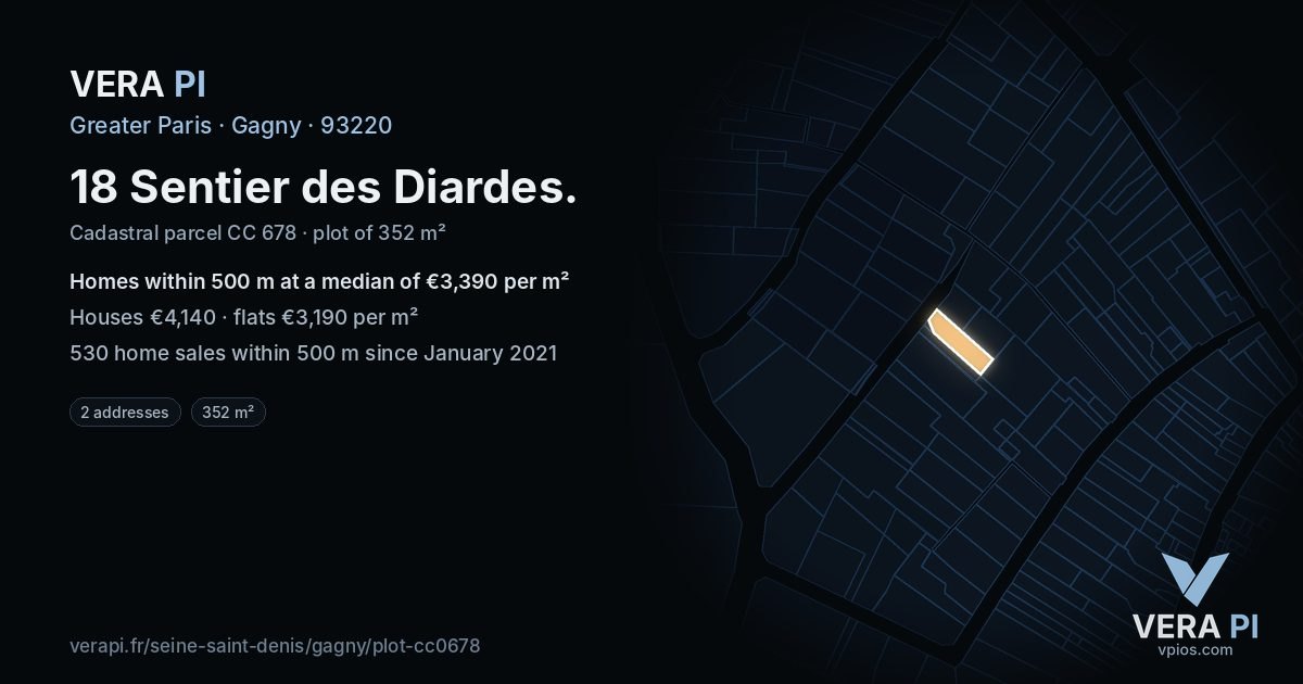 18 Sentier des Diardes, Gagny at night – the plot lit, the parcels around coloured by the prices near them