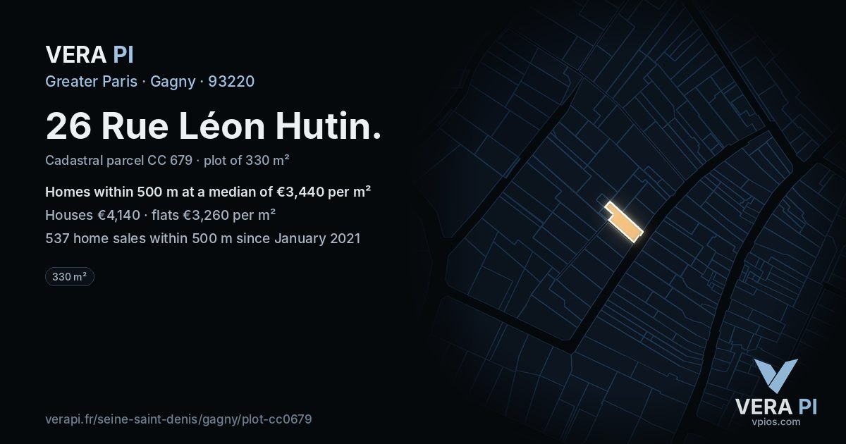 26 Rue Léon Hutin, Gagny at night – the plot lit, the parcels around coloured by the prices near them