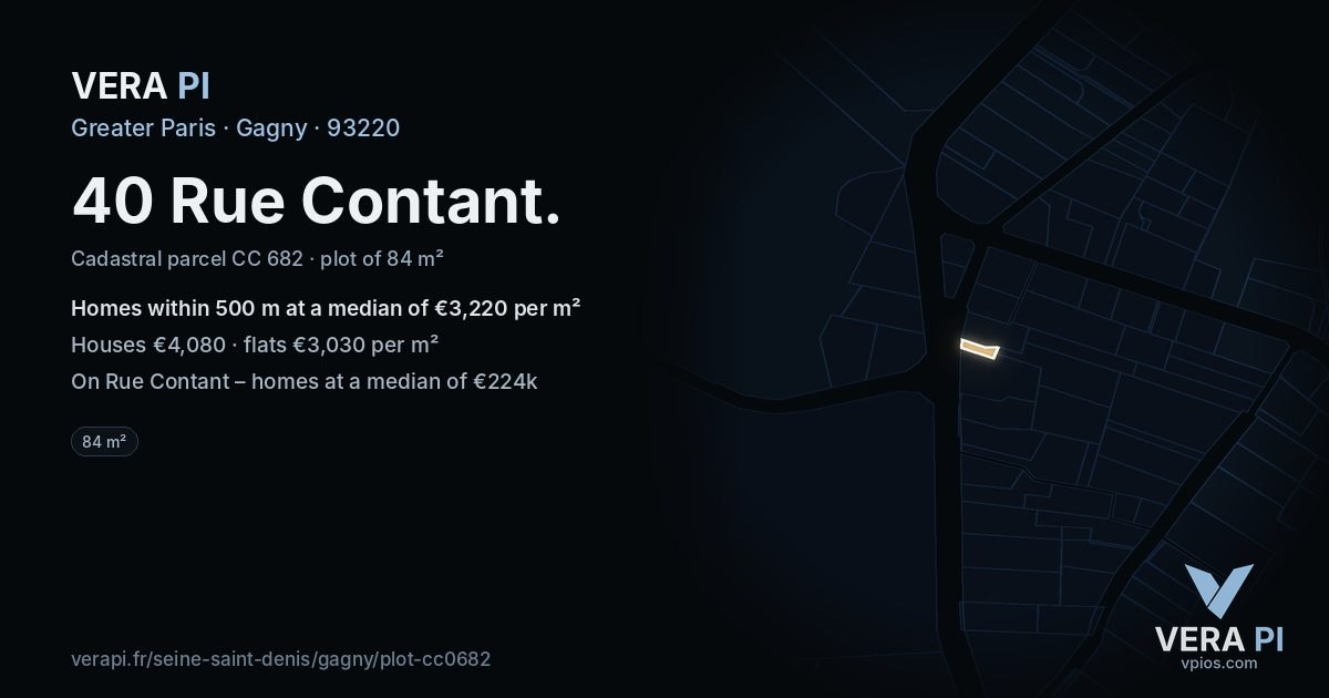 40 Rue Contant, Gagny at night – the plot lit, the parcels around coloured by the prices near them