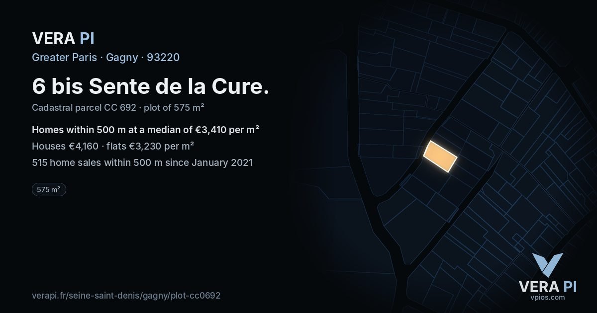 6 bis Sente de la Cure, Gagny at night – the plot lit, the parcels around coloured by the prices near them