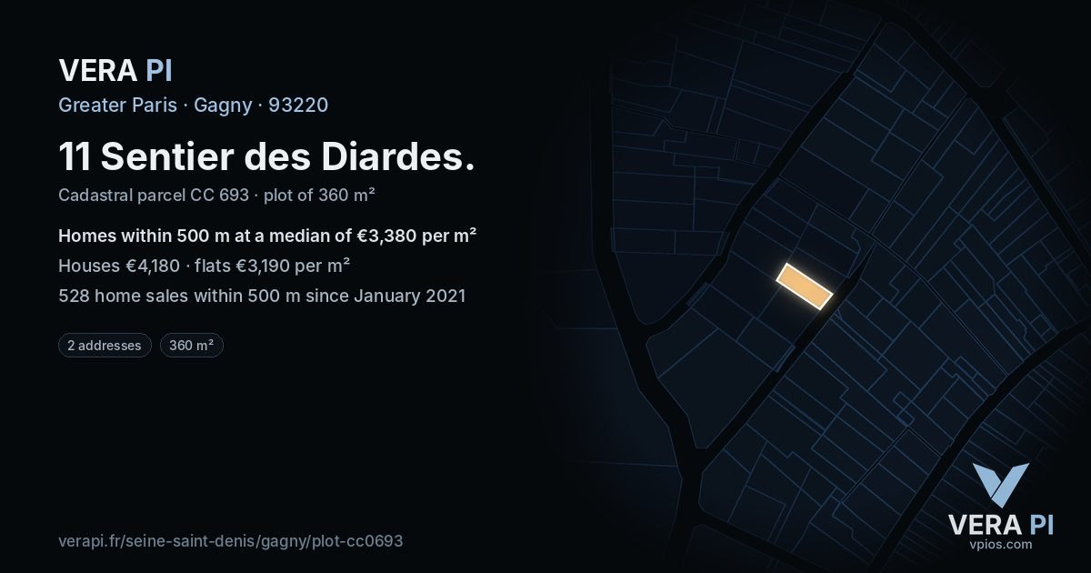 11 Sentier des Diardes, Gagny at night – the plot lit, the parcels around coloured by the prices near them