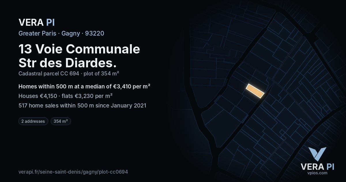 13 Voie Communale Str des Diardes, Gagny at night – the plot lit, the parcels around coloured by the prices near them