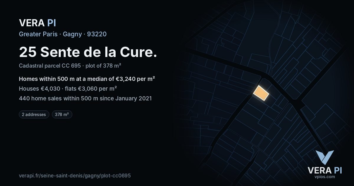 25 Sente de la Cure, Gagny at night – the plot lit, the parcels around coloured by the prices near them