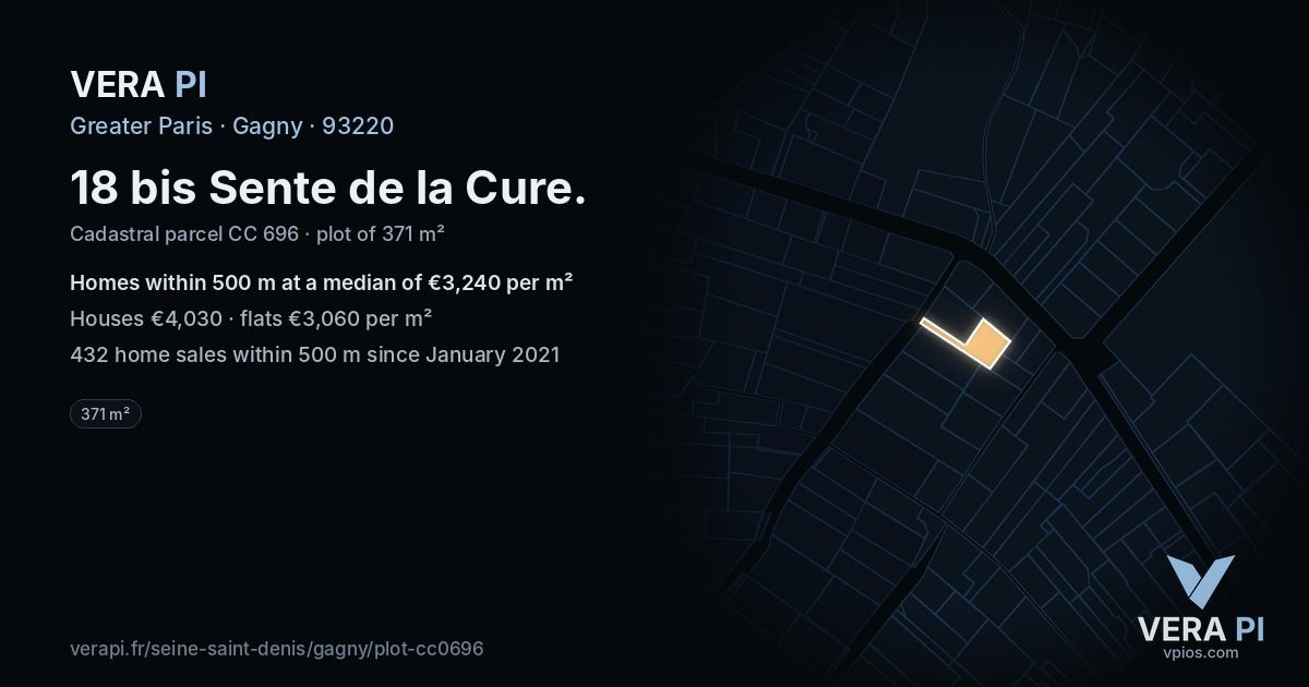 18 bis Sente de la Cure, Gagny at night – the plot lit, the parcels around coloured by the prices near them
